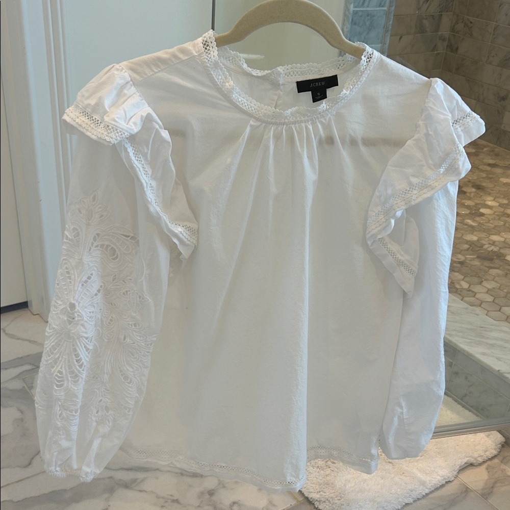 J. Crew White Eyelet Sleeve Ruffle-Trim Blouse